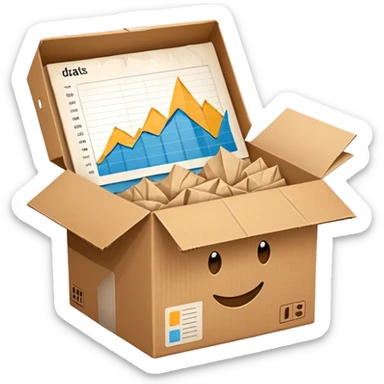 an open cardboard box with data charts inside sticker
