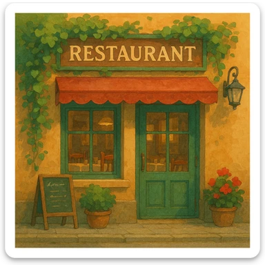 ghibli style illustration of a cozy restaurant facade sticker