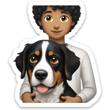 Russian Boy with curly Black Hair with dog Entlebucher zennenhund sticker
