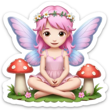 A tiny pastel fairy with pink hair with glowing wings and a sweet smile and tiny flower crown sticker