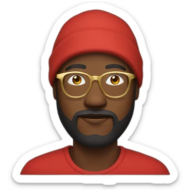 black man with beard, red hoodie on head, and gold framed glasses sticker