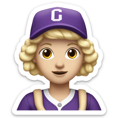 baseball card character. Blonde female bob hair. letter C logo. Purple and white uniform. sticker