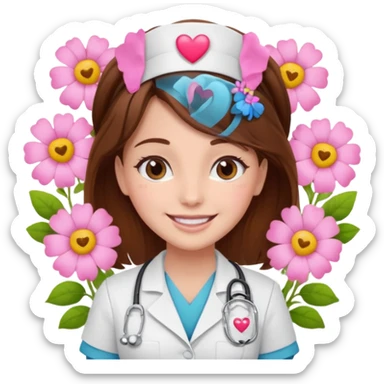 Brown hair Nurse with pink heart and flowers surround her sticker