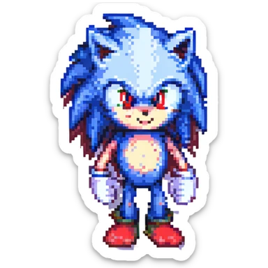 Change Sonic's eyes to red, keep pixel art style, no background sticker