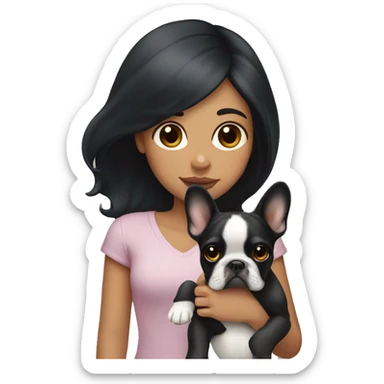 Girl with long black hair holding a fawn French bulldog  sticker