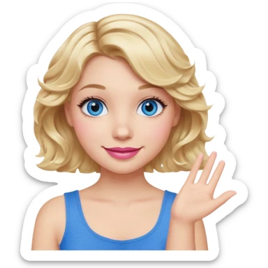 Girl Blonde short wavy hair,  blue eyes, cute blue top, long lashes, pink lips, smiling, one hand 🤷🏼‍♀️  sticker