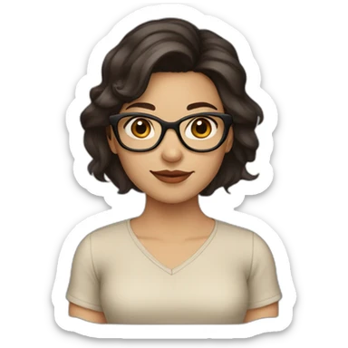 A girl with medium length dark brown hair and dark brown eyes and beige skin wearing glasses sticker