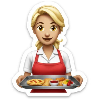 beautiful waitress in a red apron with a tray with food in a hand sticker
