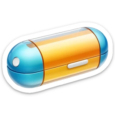 A single 3D cartoon capsule lying on a reflective surface, split color design, detailed shine, simple lighting, realistic Memoji-style. sticker