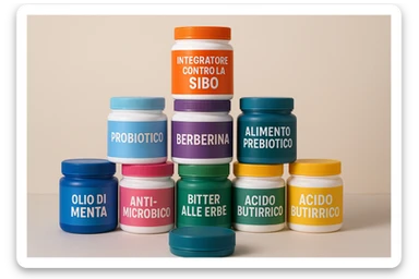 montagna di barattoli di integratori contro la SIBO con etichette in italiano sticker