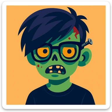 zombie boy with emo hair, screwed glasses, and black shirt, modern illustrated style sticker