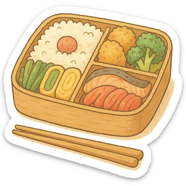 Japanese style bento box with a pair of chopsticks, soft pastel kawaii hand-drawn style, full object sticker
