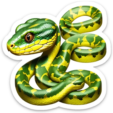 cinematic-green tree python-realistic-full-body-coiled-emoji,-thick-scaled-body-looped-tightly,-intricate-brown-and-gold-patterned-scales-reflecting-light,-head-tilted-dramatically,-slitted-eyes-staring-calmly,-simplified-yet-realistic-focused-feature sticker