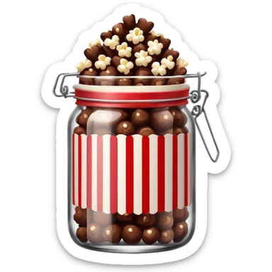 Chocolate popcorn in a jar with red and white vertical lines sticker