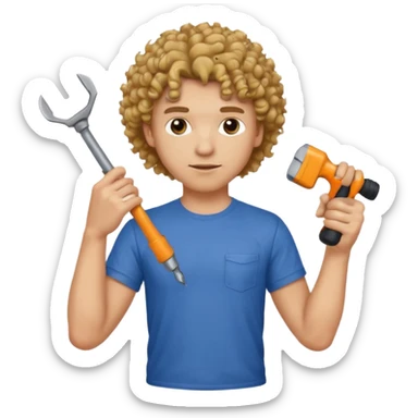 a guy who looks very handsome, has curly hair,  wears a tee shirt and holds a screwdriver in one hand and a  hammer in the other sticker