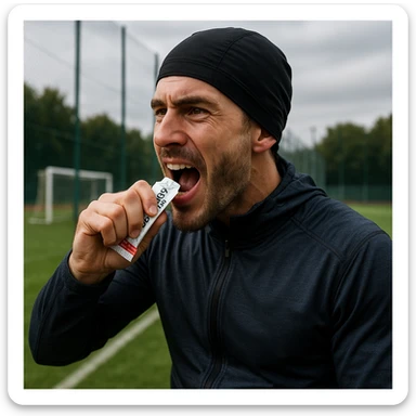 realistic 4K quality image of a sporty man in technical clothing consuming a sugar packet near a soccer field, energetic expression, rapid recovery atmosphere sticker