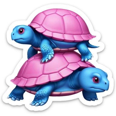 A blue turtle on top of a pink turtle sticker