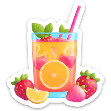 playful memoji-style glass of strawberry lemonade with transparent body, pink sparkling liquid, strawberry slices, bubbles, happy face, mint sprig, lemon slice, striped straw, summery vibrant sticker