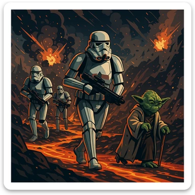 vector art of a Starwars stormtroopers is walking on lava planet with yoda, battleground background 
 sticker