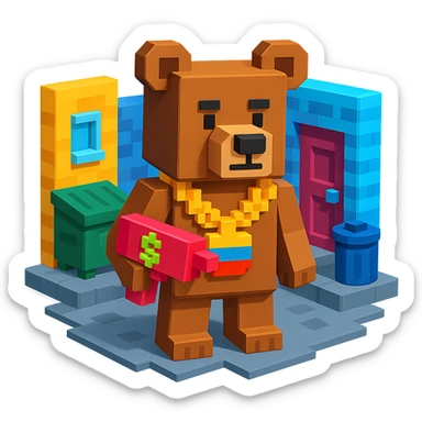 Russian grizzly bear with a rapper chain and a money gun, standing in a city alley sticker