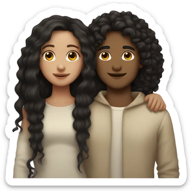 Girl with straight, long, black hair, cuddling with a light skin boy that has curly and brown hair  sticker