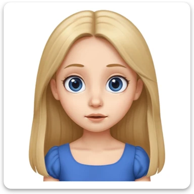 Cute female character, rounded face, big eyes, small nose, expressive mouth, long straight hair, blue dress sticker