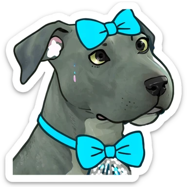 Blue Great Dane dog with a sparkly bow on its ear, 3D style sticker
