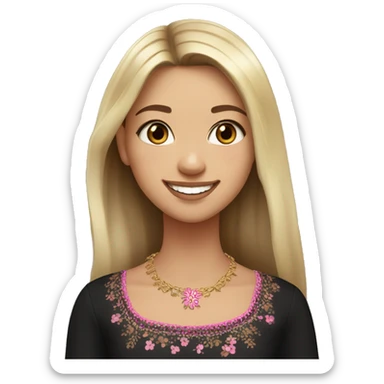 Slavic girl, light skin, brown eyes, black-to-blonde ombre straight tail, smiling with teeth, wearing beautiful dark blouse with a folk pattern of small pink flowers and gold necklace. sticker