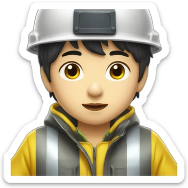 chinese boy with very thick lip wearing yellow rain jack and a white safety helmet doing inspection sticker
