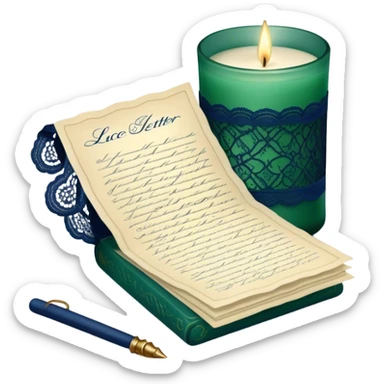 A nostalgic still life of a lace-adorned love letter in deep green, placed beside a vintage glass candle in navy blue. sticker