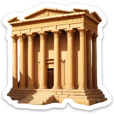 Baalbek temple – Cinematic Realistic Baalbek Temple, depicted as an ancient Roman temple complex with towering columns and intricately carved stone details, bathed in golden sunlight and dramatic shadows that evoke timeless historical grandeur. sticker