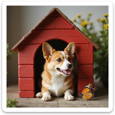 realistic red dog house with a Corgi dog inside, Corgi with a butterfly, photorealistic style sticker