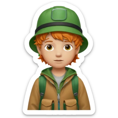 A little boy student curly orange hair, with green bucket hat, brown jacket, backpack sticker