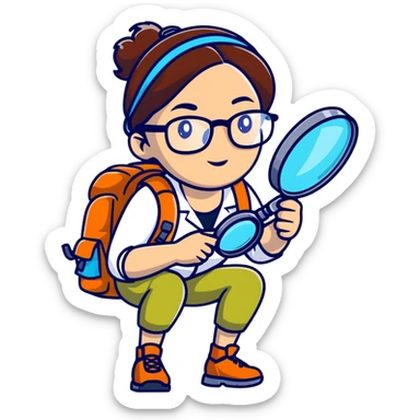 Adventurous woman scientist in her late 30s, glasses, vibrant hiking gear, examining with one magnifying glass, bold colorful style sticker