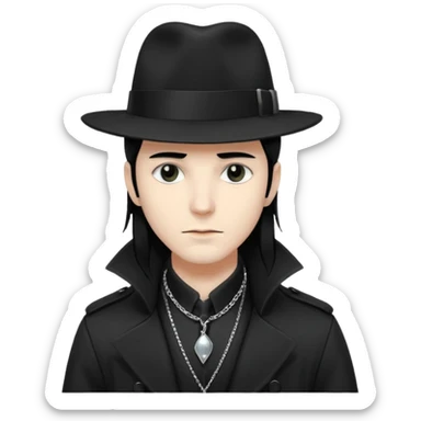 Male Goth with Fedora
 Sleek long hair, white skin, black trench coat, silver necklace visible under coat sticker