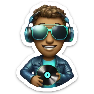 A dj wearing sunglasses playing music holding a cd record record, vinyl, oilslick holographic sticker