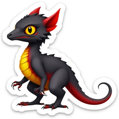 a black exotic edgy vernid-fionbri-Fakémon-creature, with red belly and yellow eyes, full body sticker