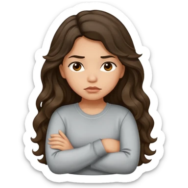 Hispanic light tan girl with long dark wavy hair with arms folded and pouting slightly. Wearing a long sleeve. sticker