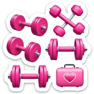 Generate modern, minimalistic pink icons for a women's gym promotion. Include dumbbells, a treadmill, yoga, a heart for wellness, a water bottle, and a stopwatch. Use shades of pink for a stylish, empowering look sticker