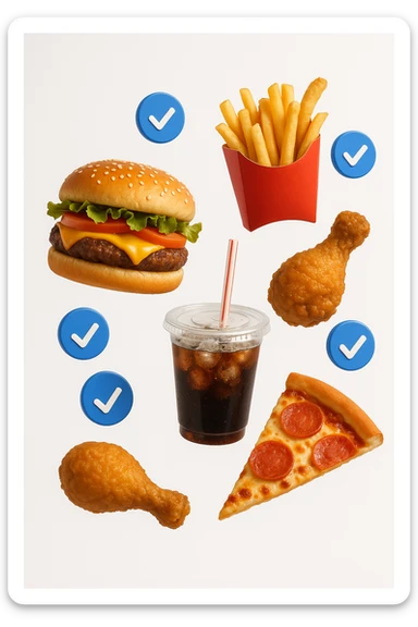 fast food realistico fluttua in aria insieme a spunte di verificato in 3d, sfondo bianco sticker