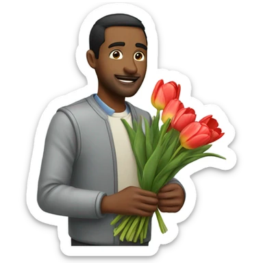 A man shy giving a bouquet of tulips to other person sticker