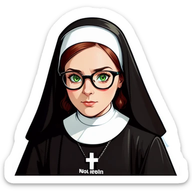 A beautiful nun with Auburn hair, green eyes wearing  glasses . Captions saying no. sticker