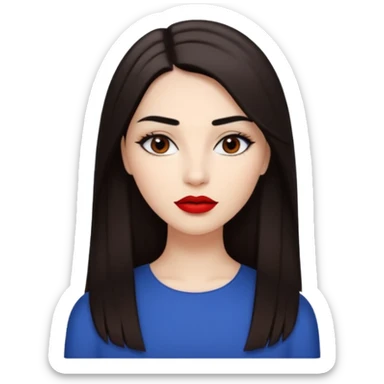 A woman emoji with fair skin, long straight dark brown hair parted in the middle, dark eyebrows, and red lipstick. sticker