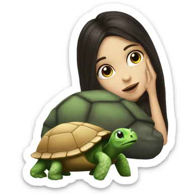 A white girl with dark hair kisses a little turtle sticker