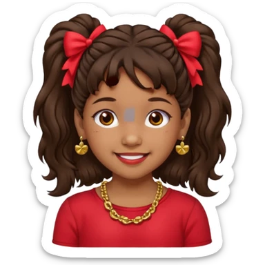 Brownskin girl dark brown hair fluffy. pigtails with red bows brown eyes smiling closed mouth red shirt gold esrrings gold necklace sticker