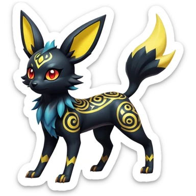 Shiny Exotic Badass Colorful Ethereal Royal Mysterious Gothic Umbreon-Jolteon-Litten-Noibat-Pokémon-Fakémon-hybrid-creature (full body) with pattern-markings sticker
