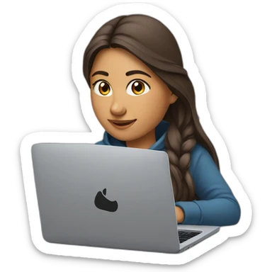 a female indian software engineer, with long brown hair, wearing a nike hoodie, sitting behind a laptop sticker