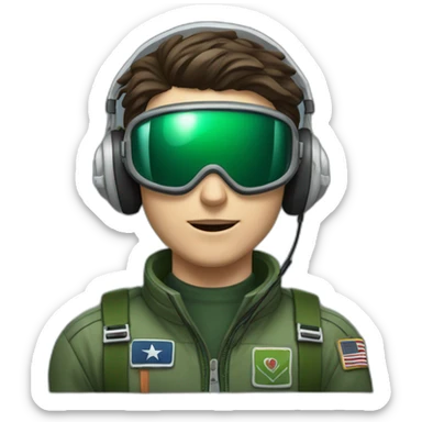 A young white male tennager with a thin face with dark brown hair and brown eyes in a pilot suit and wearing a green Pilot headset sticker