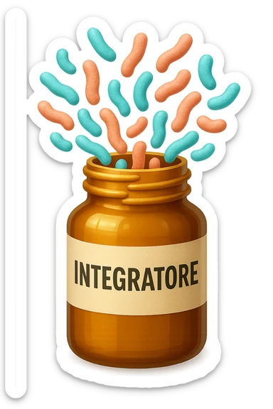 EMOJI STILE IPHONE DI boccetta di integratore con la scritta "INTEGRATORE" SULL'ETICHETTA, con batteri intestinali turchesi e rosa salmone che escono, IPERREALISTICO 4K sticker