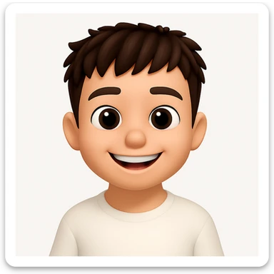 Change the facial expression to a happy smile, keeping the 3D cartoon emoji style with a large head, big expressive eyes, smooth skin, and simple features. Maintain the clean, modern design with soft lighting and a white background, in the style of Apple Memoji or Pixar characters. sticker